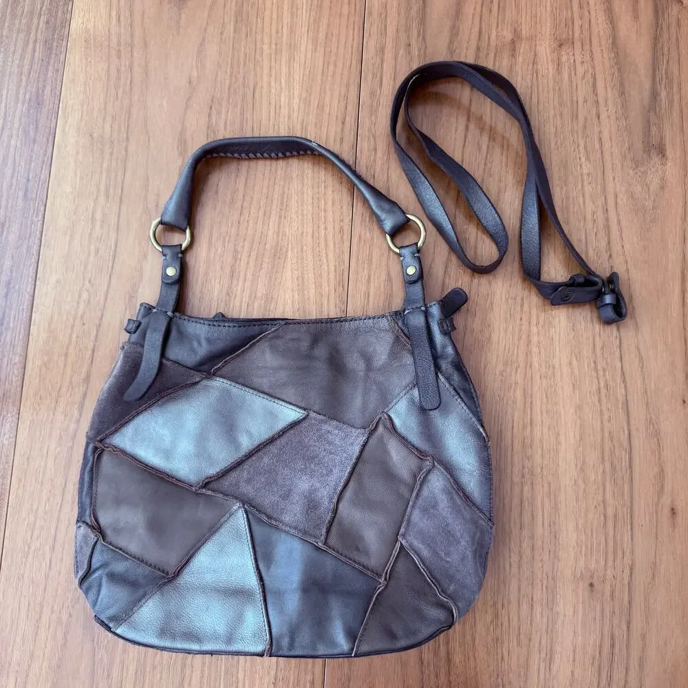 Lucky Brand Leather Suede Patch Silver Pewter Bronze Brown Shoulder Bag Hobo